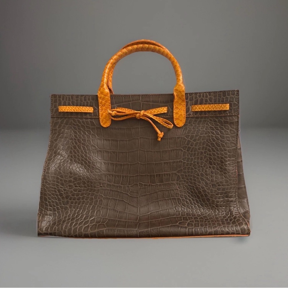 Claudia Firenze Genuine Leather Croc Embossed Tote Brown Orange Detailed